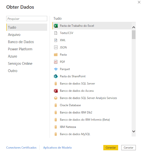 Captura de tela em recorte do Microsoft Power BI, que mostra a seção de importação de dados. Na imagem, é apresentada uma janela com um menu lateral, onde a opção “Tudo” é selecionada. À direita, uma lista com várias opções para obter dados. Na lista é possível observar os nomes: “Pasta de Trabalho no Excel”, “Texto/CSV”, “XML”, “JSON”, “Pasta”, “PDF”, “Parquet”, “Pasta do Sharepoint” e vários tipos de bancos de dados. No canto inferior direito, também é possível observar os botões de “Conectar”, em amarelo, e também uma opção “Cancelar” ao lado.