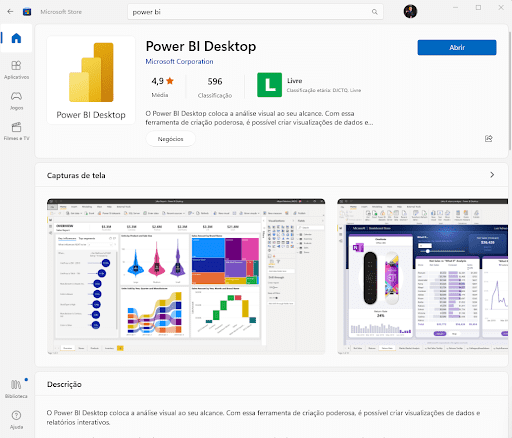 Captura de tela da Microsoft Store. Na imagem, é apresentada a página de descrição do Power BI Desktop.