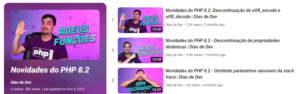 Print da playlist do canal do Youtube do Vinicius Dias - Novidades do PHP 8.2.