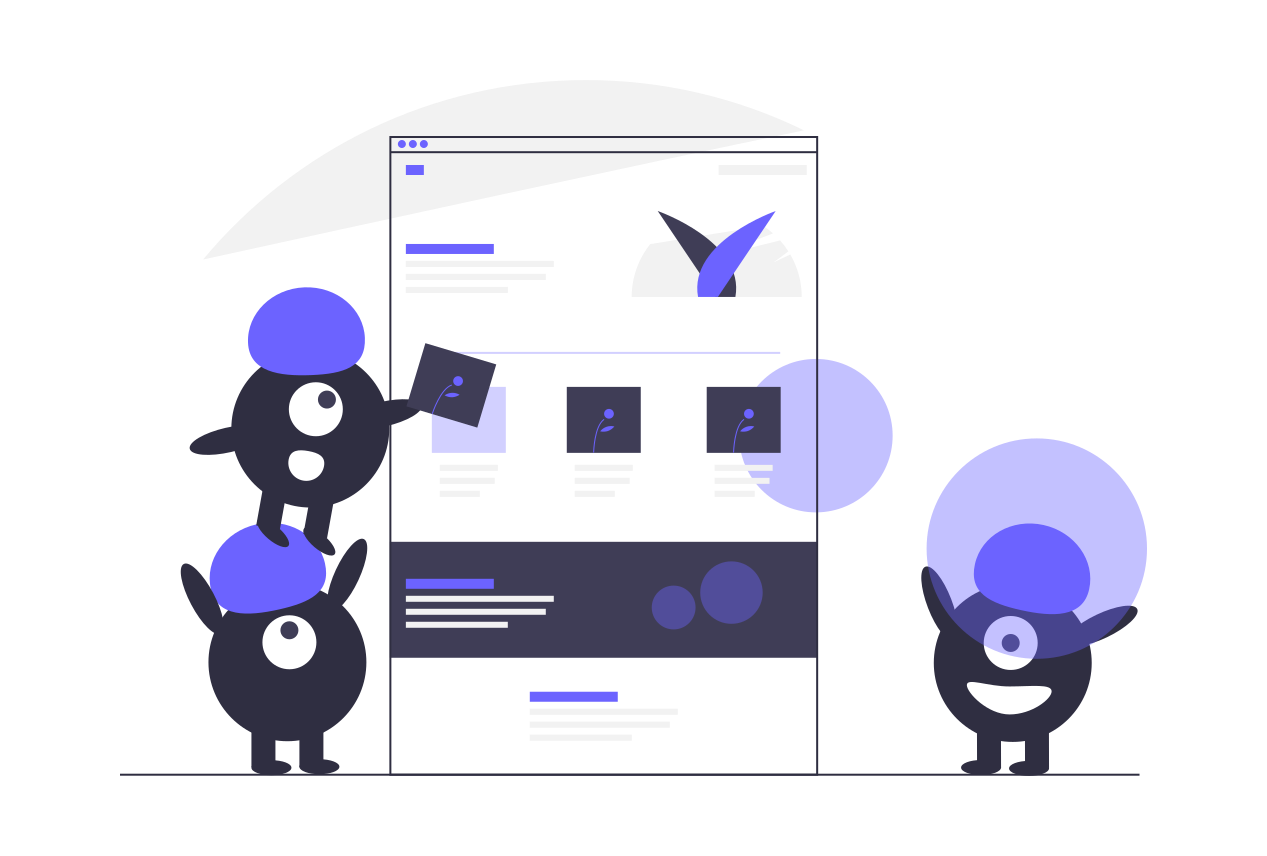 Ilustração de três assistentes arrumando a página de um site.