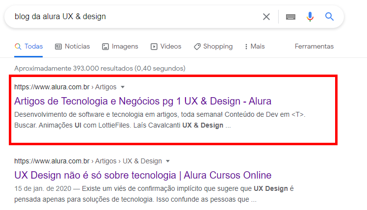 Recorte da tela de resultados de pesquisa do Google, mostrando o blog da Alura como primeiro site da página.