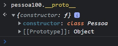 pessoa100.__proto__, dentro do bloco na linha 1 constructor: class Pessoa e na linha dois [[Prototype]]: Object