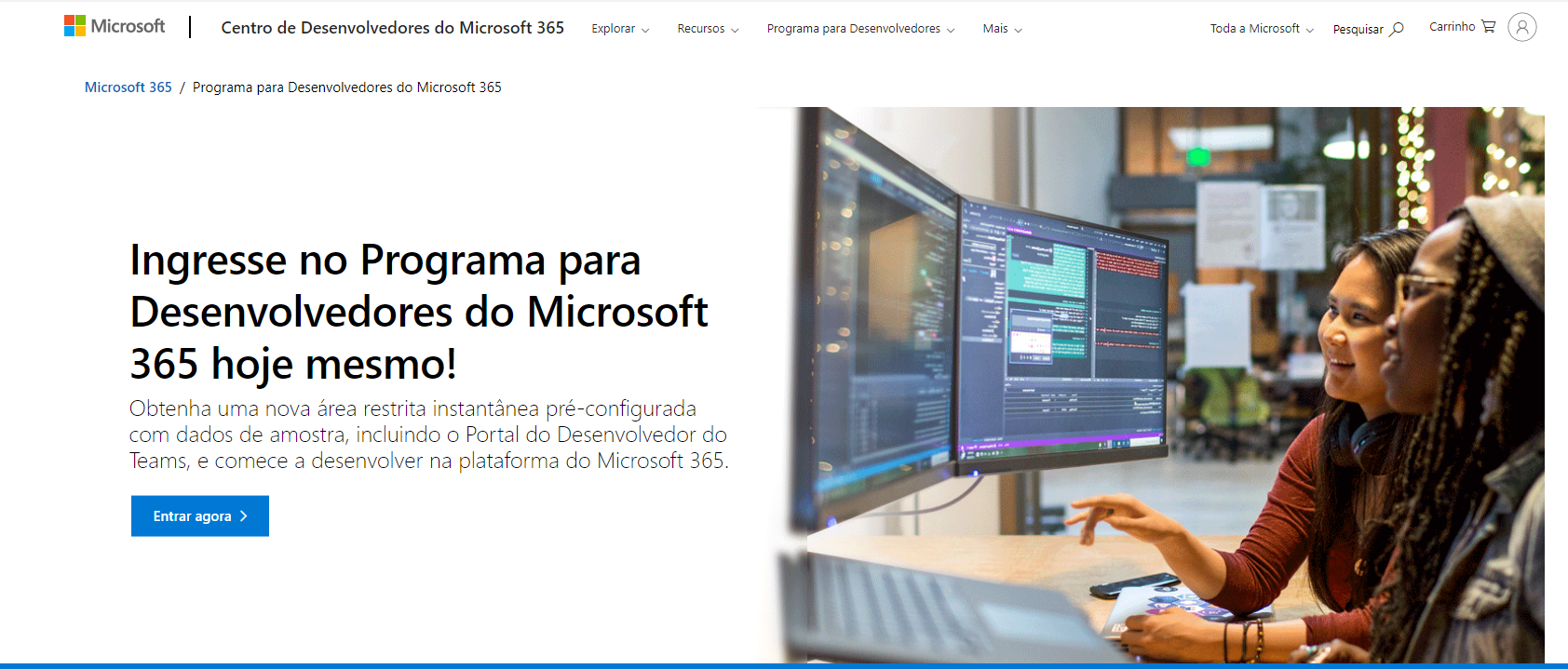 Recorte da página inicial do site de criação da conta para o programa de desenvolvedor Microsoft. Nela, é apresentado um botão azul escrito Entrar agora, no canto inferior esquerdo, onde pode-se iniciar a inscrição no programa.