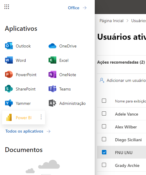 Site de administração da Microsoft. O menu suspenso está expandido, exibindo todos os aplicativos, inclusive o Power BI.