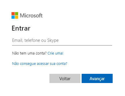 Janela de login da Microsoft. A janela possui uma caixa de texto para a inserção do e-mail e um link vinculado ao texto: Crie uma!