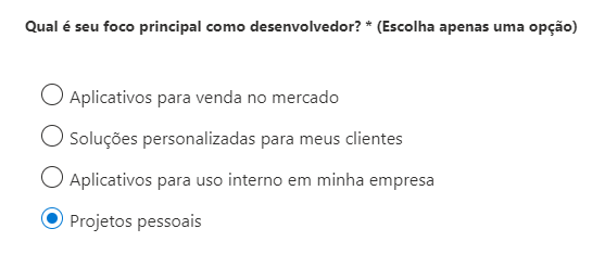 Print da etapa de seleção sobre foco principal para a utilização da conta. Nela, encontra-se selecionada a opção Projetos pessoais na parte inferior.