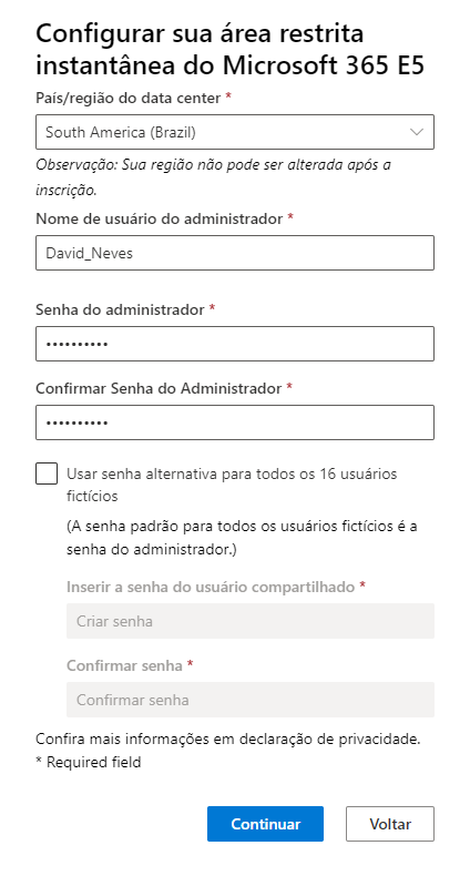 Janela de configuração da área restrita instantânea. A janela contém campos de inserção sobre País/Região, nome de usuário do administrador e senha.