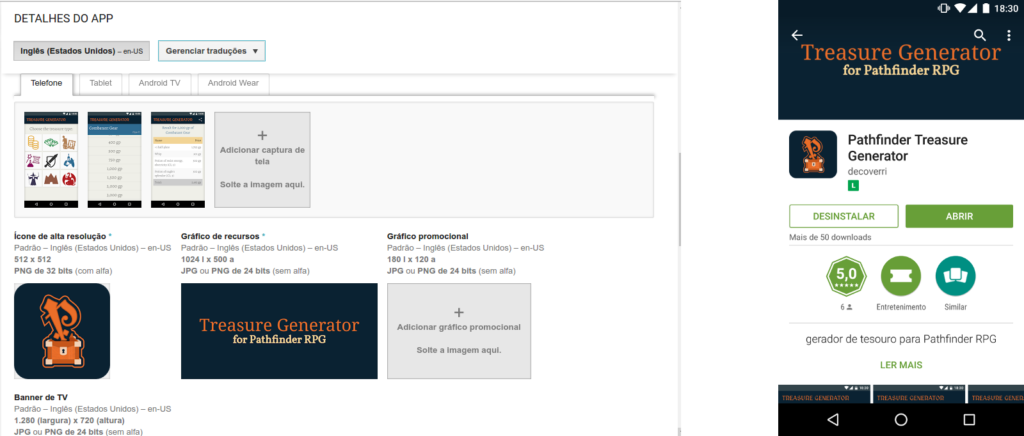 Developer Console à esquerda, e o resultado na Play Store à direita