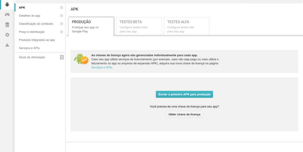 Enviar o primeiro APK para produção