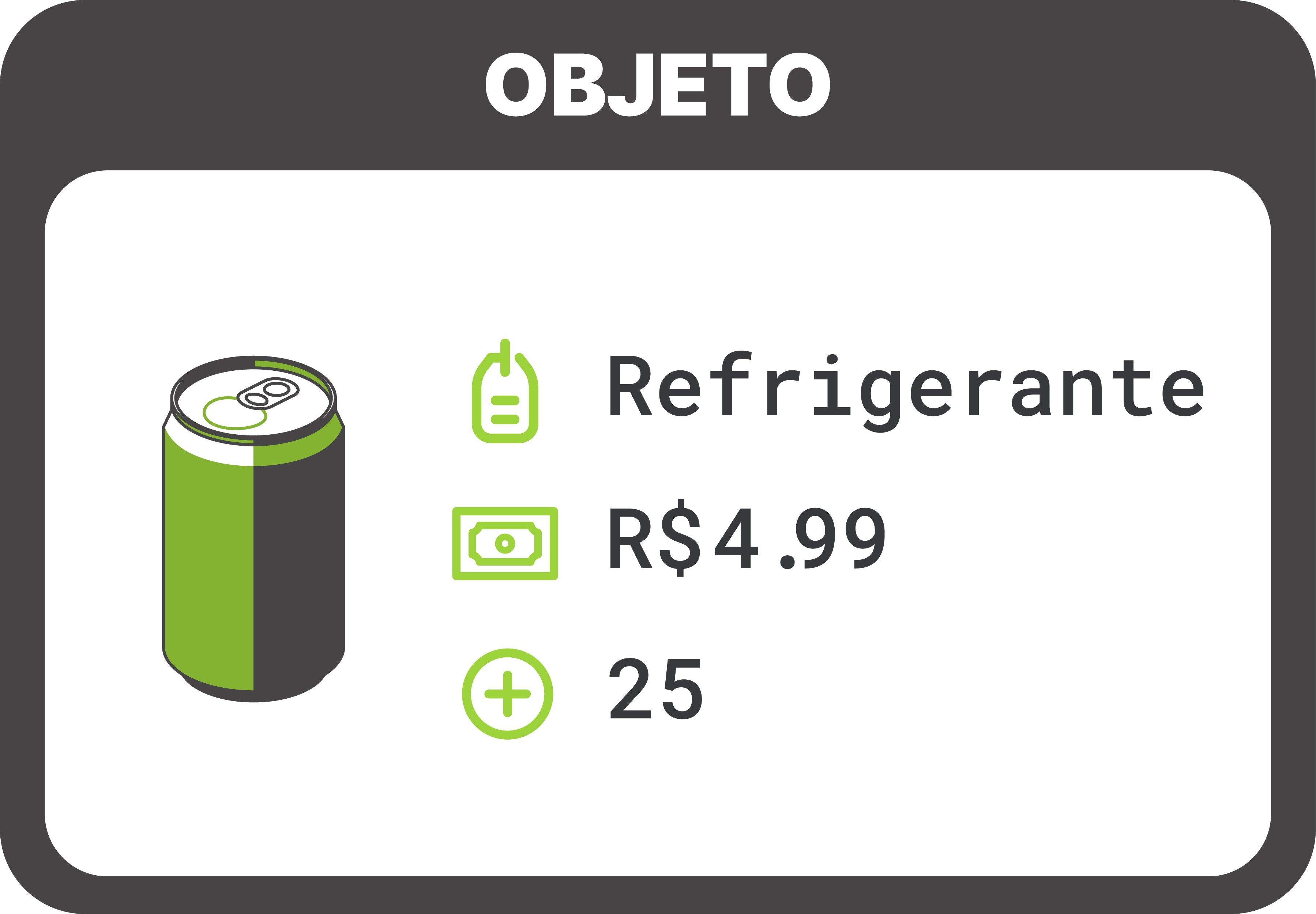 Na imagem, uma seção nomeada “Objeto”. Dentro dessa seção, há uma ilustração de uma lata de refrigerante. A direita da lata de refrigerante, há três campos de texto, são eles: “Refrigerante”, “R$4.99” e “25”.