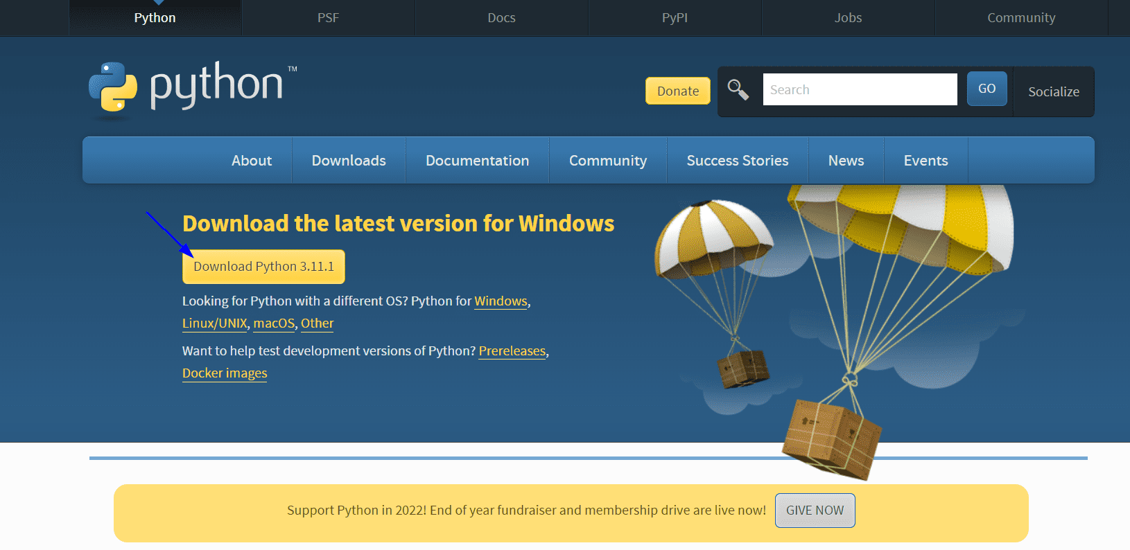 Página de download do Python com um botão amarelo exibindo o texto “Download Python 3.11.1.