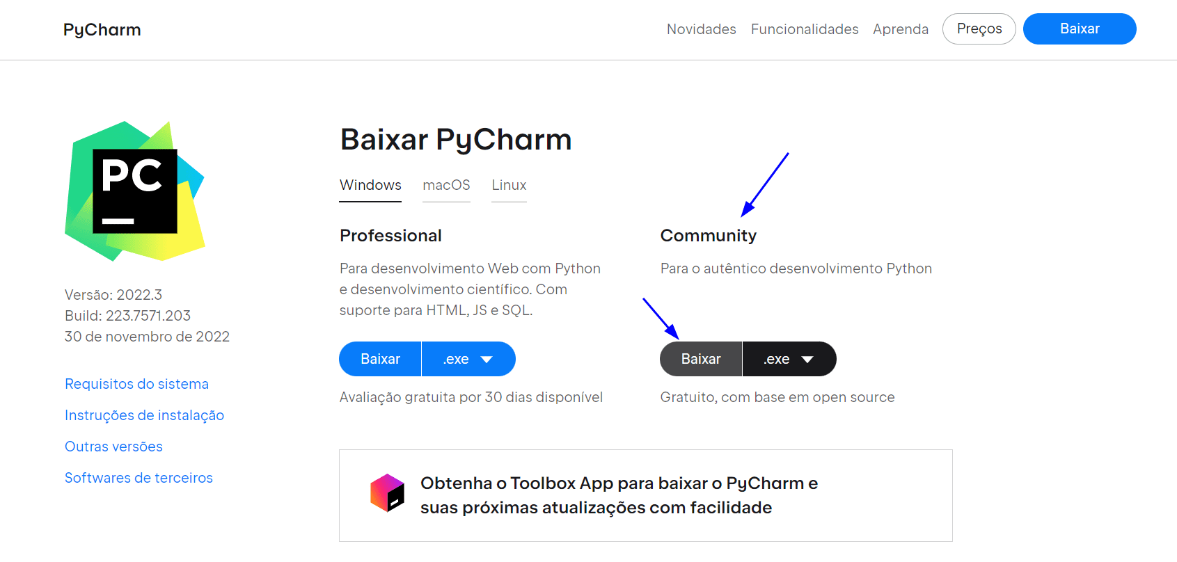 Página de download do PyCharm com o botão “Baixar” em cinza do lado direito da página, abaixo da frase “Baixar Pycharm” e da opção “Commmunity”. À esquerda está a opção Professional, com o botão de download em azul.