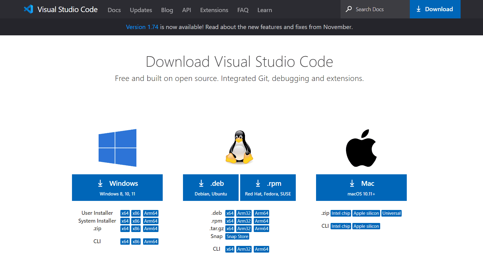 Página de download do Visual Studio Code com as logos do Windows, Linux, e Mac e um botão azul abaixo de cada um deles para realizar o download da IDE.