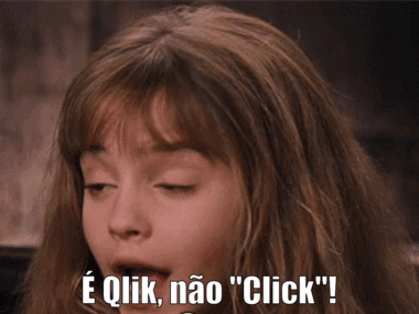 Gif com a personagem Hermione (da série de filmes Harry Potter) e um texto escrito na parte inferior da imagem “É Qlik, não “Click!” ”.