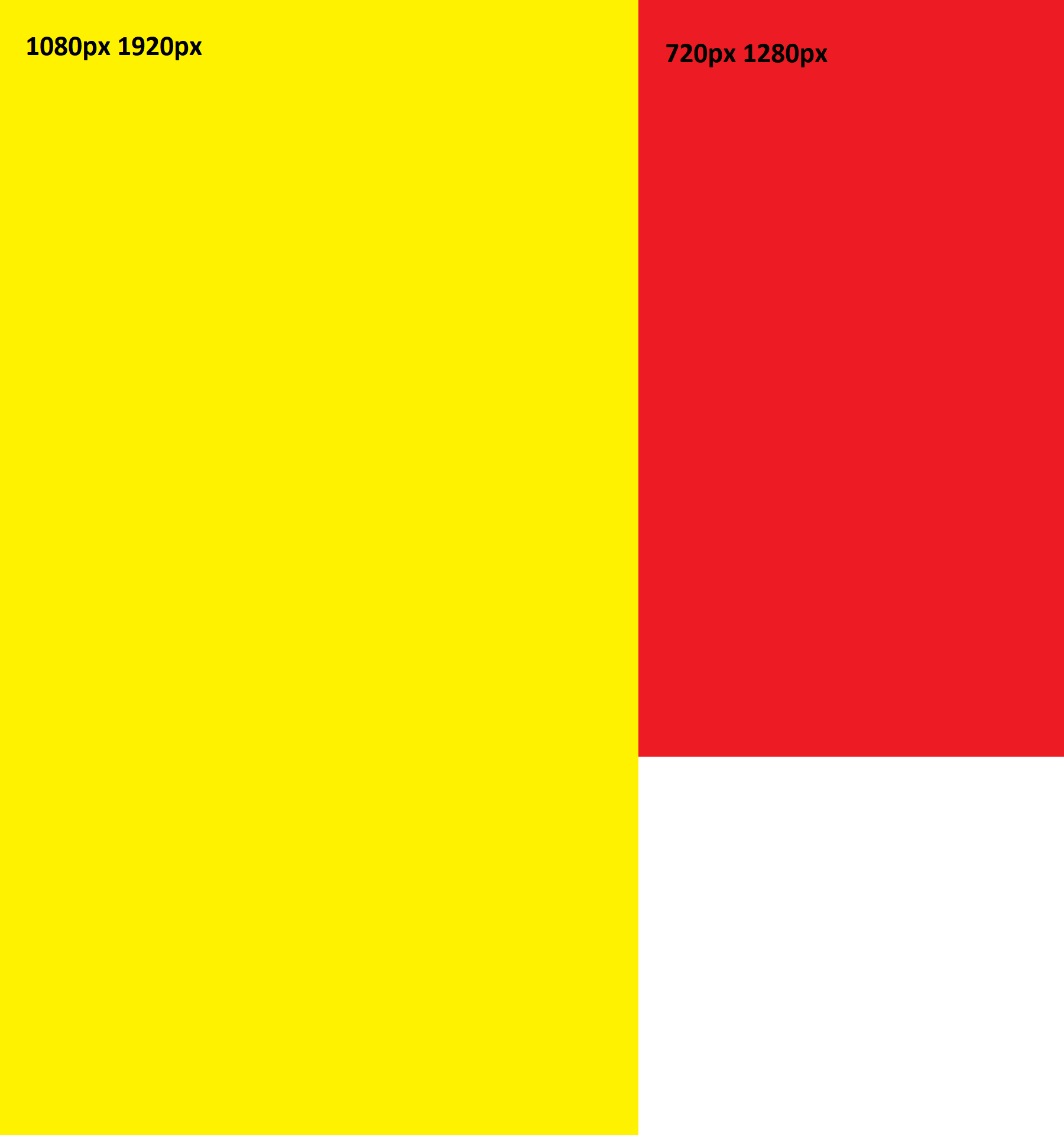 Um retângulo amarelo em pé com um texto escrito "1080px 1920px" e um retângulo menor de cor vermelha em pé com o texto escrito "720px 1280px".