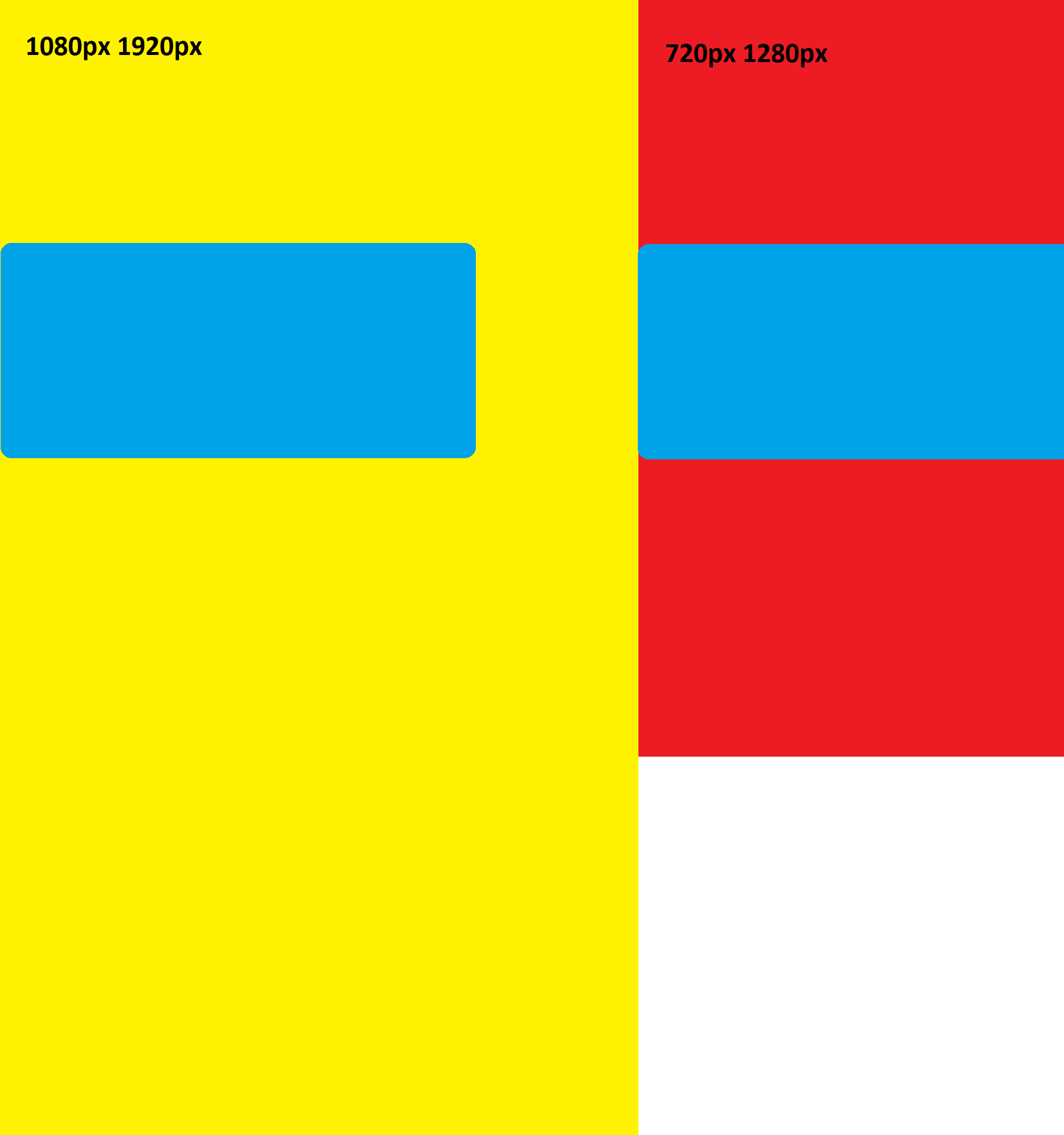 Na imagem, ao lado esquerdo, há um retângulo amarelo, em pé, com um texto escrito "1080px 1920px" e, dentro dele, há um retângulo de bordas arredondadas de cor azul, ocupando um pouco mais da metade da largura. Ao lado direito, um retângulo menor de cor vermelha em pé com o texto escrito "720px 1280px" e com um retângulo de bordas arredondadas de cor azul ocupando uma largura maior do que o retângulo vermelho.