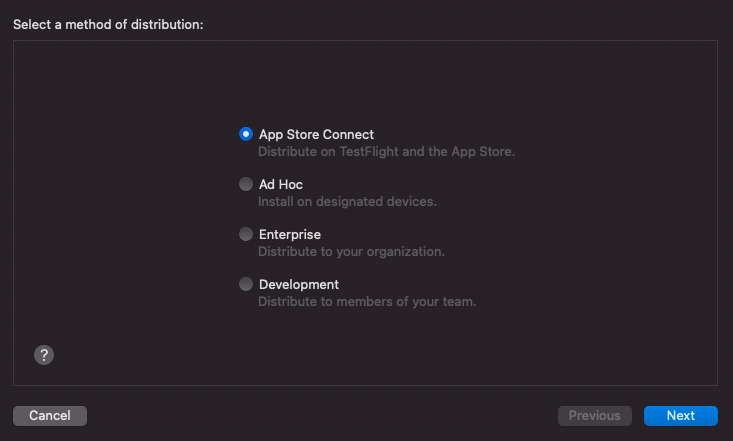 Tela que mostra as opções de método de distribuição. Nesse caso, foi selecionada a opção “App Store Connect”, referente à App Store Connect