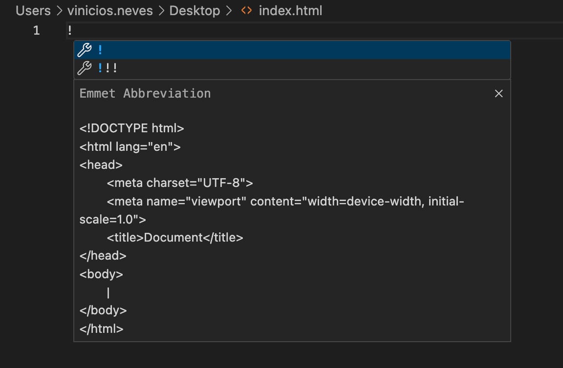 Screenshot de um snippet do Emment para criar a base de um documento HTML.