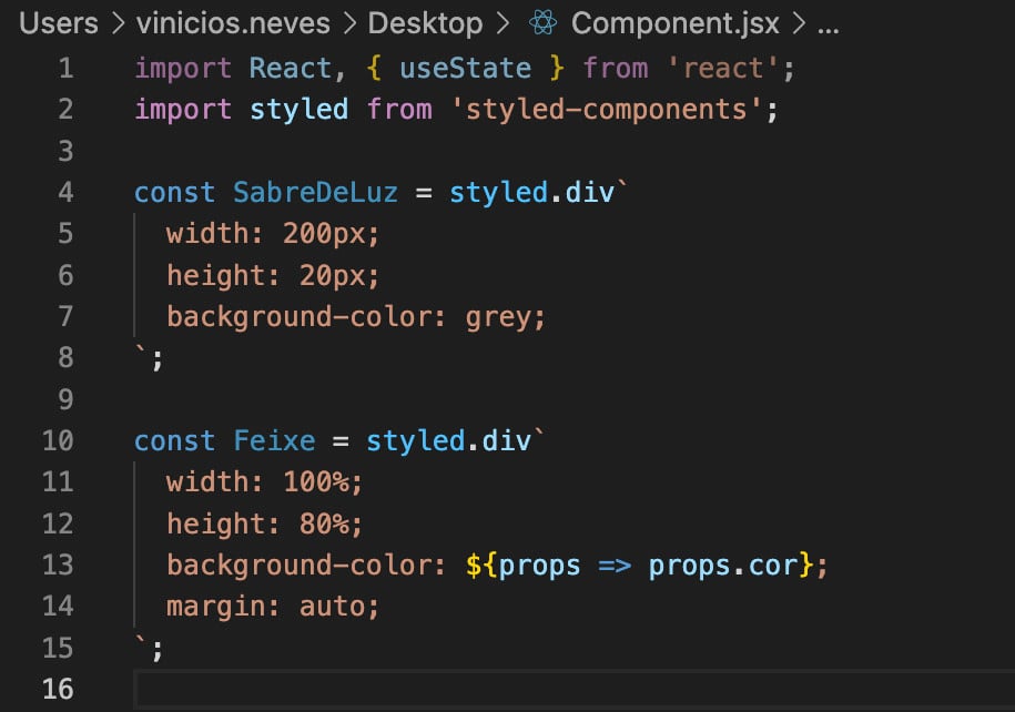 Screenshot de um arquivo .jsx sem highlight de CSS para styled components.