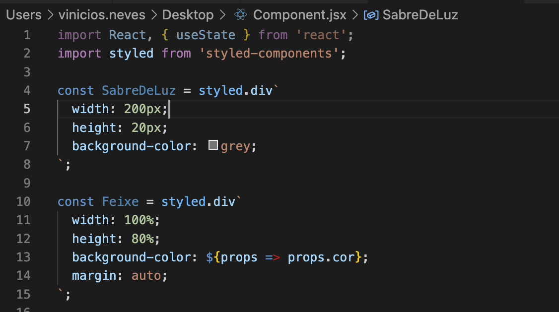 Screenshot de um arquivo .jsx com highlight de CSS para styled components, após termos instalado a extensão.