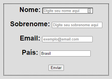 Formulário com os campos: Nome, Sobrenome, Email e País. Ao lado do campo Nome uma caixa de texto contendo sugestão de preenchimento com as palavras Digite seu nome aqui, ao lado do campo Sobrenome uma caixa de texto contendo sugestão de preenchimento com as palavras Digite seu sobrenome aqui, ao lado do campo Email uma caixa de texto contendo a sugestão de preenchimento com a palavra exemplo@email.com e ao lado do campo País uma caixa de texto preenchida com a palavra Brasil. E um botão escrito a palavra Enviar.