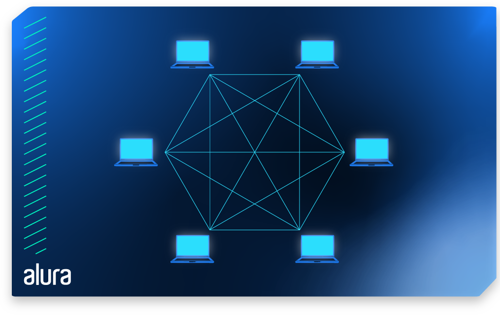 Imagem com seis computadores organizados em um formato hexagonal. Cada computador está conectado a todos os outros através de linhas.