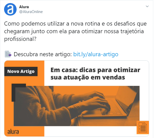 print de uma publicação no twitter da alura em que utilizamos o encurtador de links bit.ly