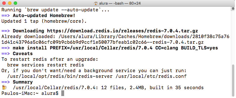 Captura de tela do terminal, onde está na tela o processo de download do Redis,onde ao final da última linha temos um sumário informando o local de instalação e a versão do Redis).