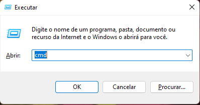 Imagem colorida em recorte. Janela com o título “Executar” e abaixo uma descrição “Digite o nome de um programa, pasta, documento ou recurso da Internet e o Windows o abrirá para você”. Abaixo da descrição, um campo de digitação “Abrir” com o escrito “cmd”. Abaixo do campo de digitação, três botões: o primeiro escrito “OK”, o segundo escrito “Cancelar”, e o terceiro escrito “Procurar…”