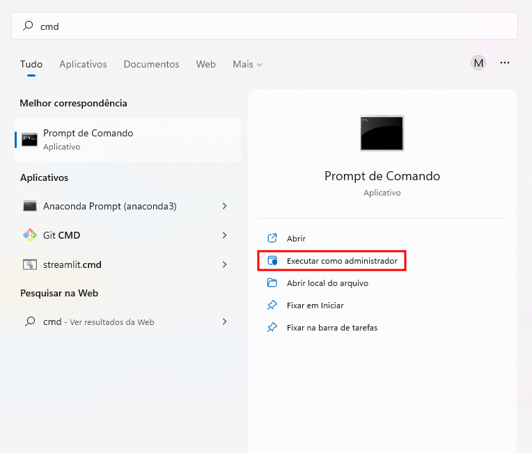 Captura de tela colorida em recorte. Ao topo uma barra de pesquisa escrito “cmd”.Logo abaixo temos respostas correspondentes a pesquisa e na primeira opção (Prompt de Comando), na parte da direita da janela temos cinco opções (Abrir, Executar como adiministrador, Abrir Local do Arquivo, Fixar em iniciar, Fixar na barra de tarefas), onde a opção “Executar como administrador” está sendo selecionada.