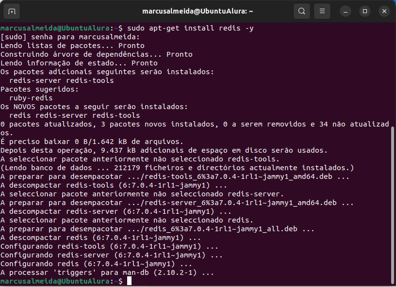 Captura de tela do terminal do Linux, com fundo cor de vinho. No terminal, foi executado o comando de instalação do Redis, e é mostrada a resposta.