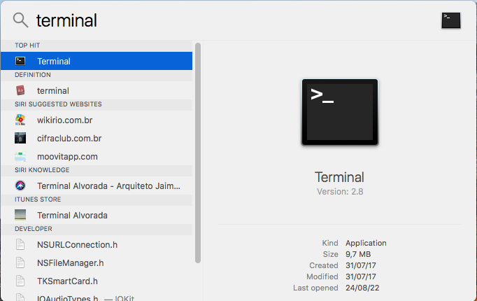 Captura de tela do buscador do MacOS (spotlight search), dentro da caixa de texto está escrito “terminal”, e nas opções a opção do terminal já está selecionada.