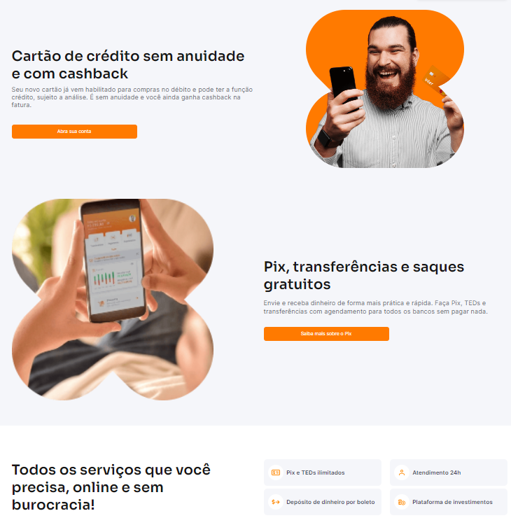 Tela do site do banco Inter, com fundos em cinza e branco, com botões em laranja e em cinza.