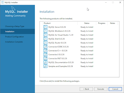 Imagem que mostra a tela de instalação do MySQL, onde o canto esquerdo é azul e o restante da tela é branco na parte de Instalação, onde é visto uma listagem de quais são as ferramentas que irão ser instaladas.
