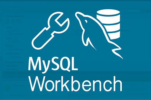 Foto colorida. No meio se destaca a forma de uma chave de fenda de boca, um golfinho e uma forma de banco de dados. Embaixo das formas, está a palavra “MySQL Workbench”. O fundo da imagem é azul escuro e é um pouco transparente mostrando a interface do Workbench.