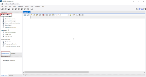 Imagem que mostra a janela “Query” e no canto esquerdo a opção de “Management”, onde mostra opções de administração do banco, como ver o status do servidor por exemplo. E logo abaixo nesse mesmo canto, mostra a opção selecionada, nesse caso “Administration”.