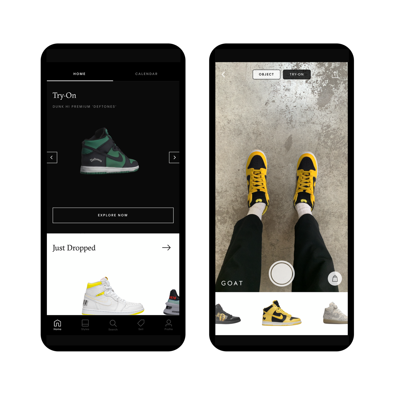 Imagem do app da Nike que mostra uma pessoa provando o tênis de forma virtual. No menu inferior, há opções de tênis a serem escolhidos.