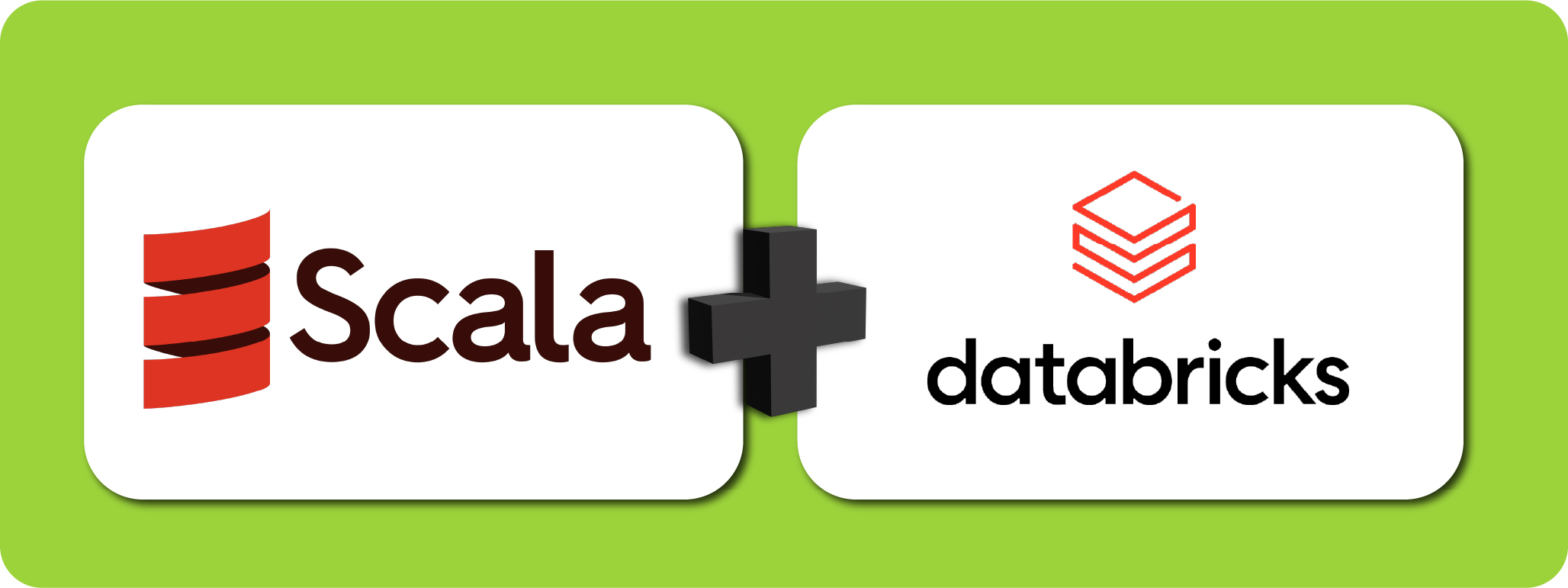 Imagem colorida, representando a união de Scala e Databricks, com o logo e nome da esquerda para direita, do Scala e em seguida o Databricks. Entre eles existe um sinal de, soma.