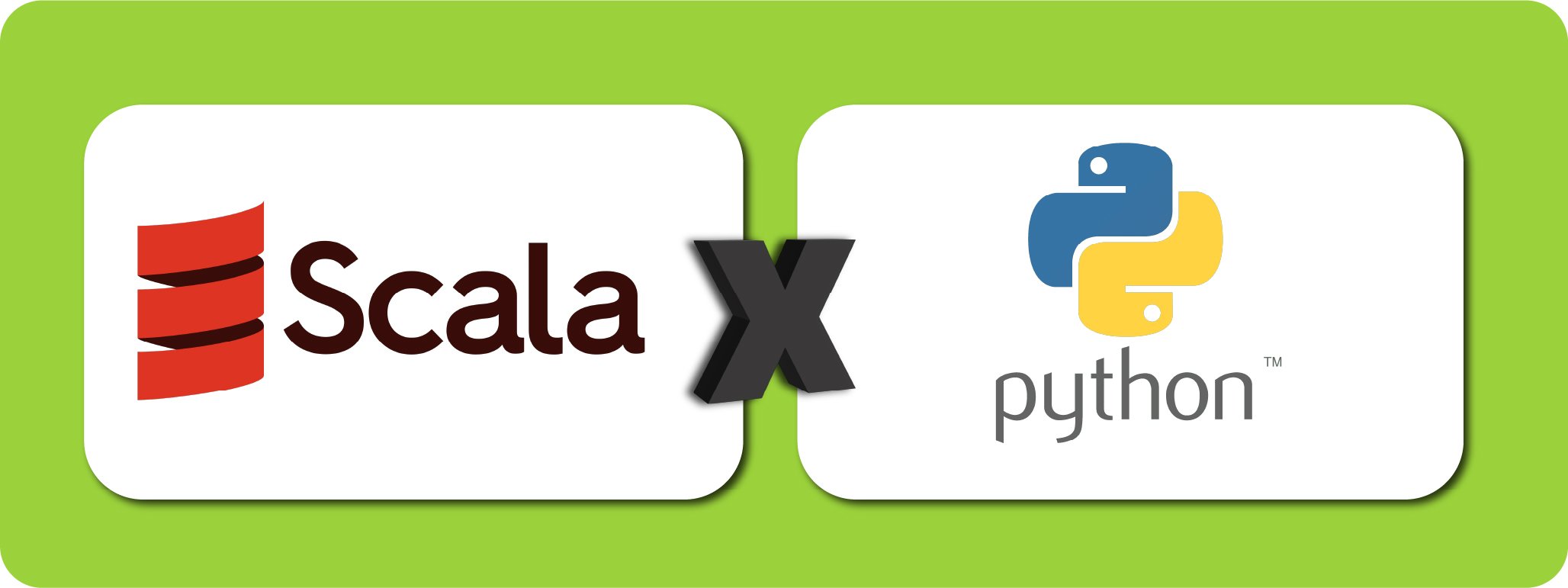 Imagem colorida, representando a comparação de duas linguagens, com o logo e nome, da esquerda para direita, Scala e Python.