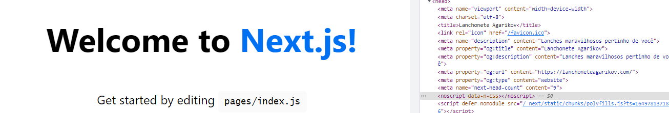 Exemplos de metadados da OpenGraph adicionados através do componente Head do Next js e visualizados no navegador.