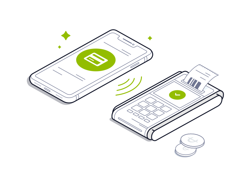 Gif com a ilustração de um celular efetuando pagamentos para uma maquininha e pagamentos de boletos.
