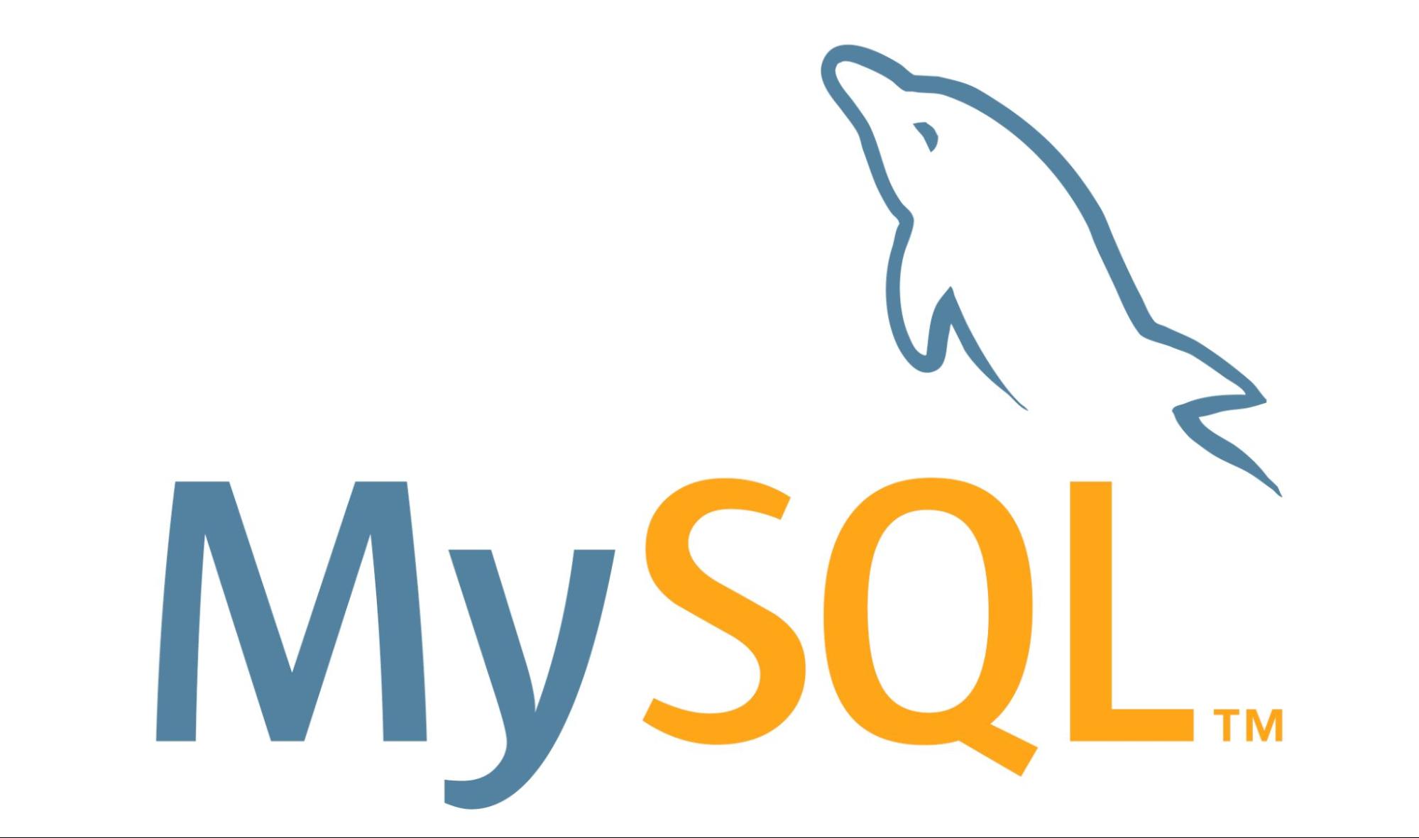 Logomarca do SGBD MySQL. Ela é composta pelas palavras “My” em azul e “SQL” em laranja. Acima da letra L é apresentado traços de um golfinho na cor azul.