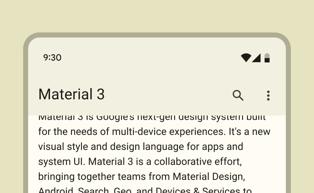“Barra superior de um aplicativo de smartphone com o título ‘Material 3’, ao lado direito um ícone de lupa e 3 pontos vertical indicando um menu, abaixo temos um texto descrevendo o material 3’”.