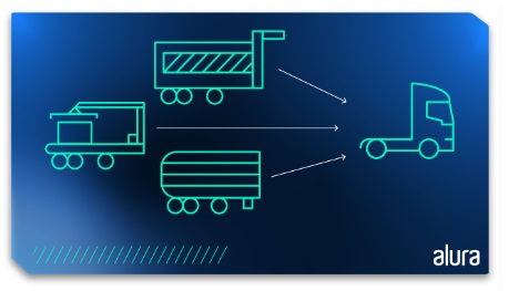 Imagem de um caminhão e suas várias carrocerias. À direita, há a cabine - parte da frente - do caminhão. à esquerda, há 3 tipos diferentes de carrocerias do caminhão.  A primeira é retangular, a segunda é em forma de trapézio e a terceira é retangular arredondada. Ao lado de cada uma das três, têm setas apontando para a cabine, mostrando que elas podem se encaixar na primeira.