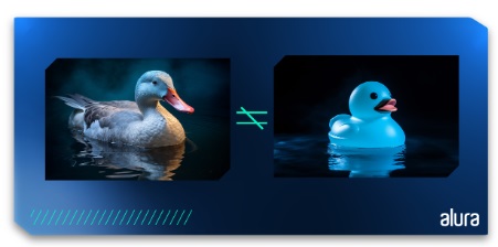 Imagem comparando dois patos. A imagem é composta por duas fotos, uma com cada pato, e as fotos estão separadas por um símbolo de diferente. Os dois patos estão sob a água, iluminados com uma luz azulada. O primeiro pato, à esquerda, é um pato real, com penas brancas e cinzas e bico laranja. O segundo, à direita, é um pato amarelo, de borracha, também com bico laranja.