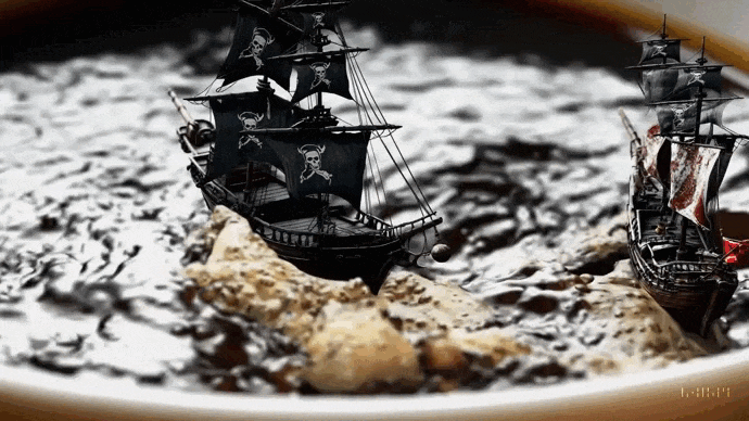 No GIF é possível ver dois navios piratas navegando dentro de uma xícara de café