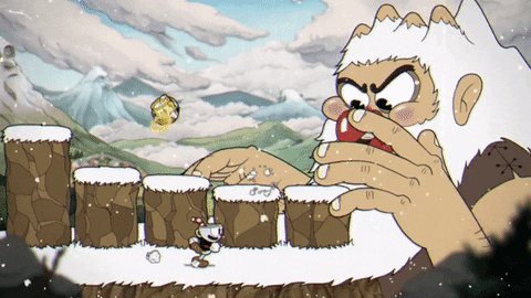 Imagem gif dos dois personagens do jogo Cuphead, pulando e interagindo contra o inimigo do jogo no cenário colorido.