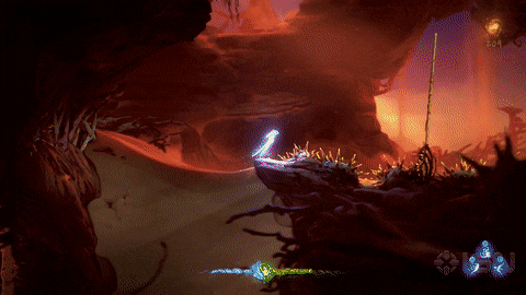 Imagem gif do personagem principal do jogo Ori que está percorrendo o cenário colorido e pulando os obstáculos do jogo.