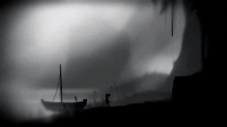 Imagem gif do personagem do jogo Limbo caminhando, pulando e interagindo com o cenário escuro do jogo