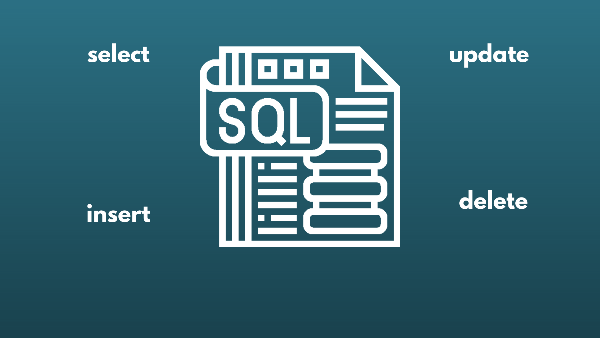 Imagem com fundo azul escuro, com um ícone do SQL e as palavras insert, select, update e delete destacado em branco